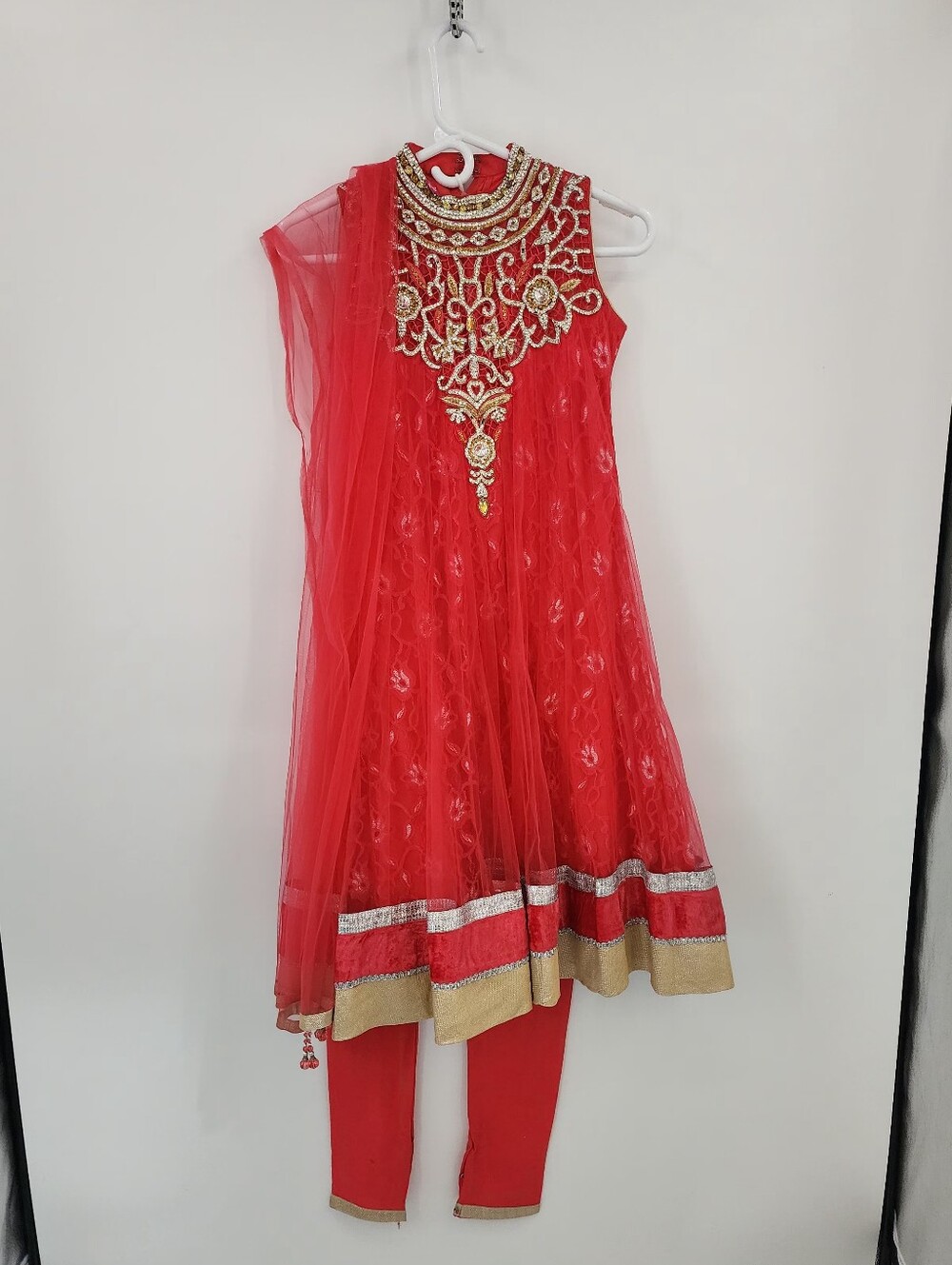 Girls Red Embellished Anarkali Set with Matching Leggings By For Kids Sz 8 Years